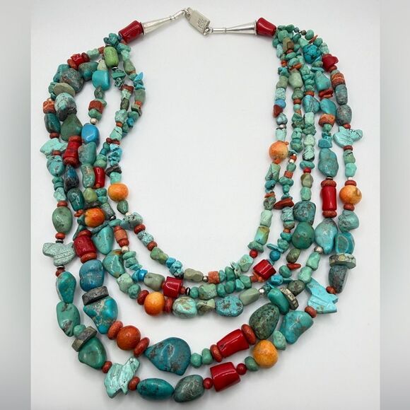 Jewelry - AMAZING ~20" 5 strands of Coral, Silver, TURQUOISE beads w/ VTG 925 TAXCO clasp!